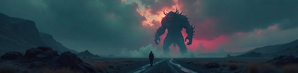 Monstrous Shadow Looms Over Desolate Twilight Landscape A Terrifying Scene of Impending Doom and Dread