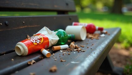 Environmental Pollution Discarded Fast Food Waste and Litter on Park Bench