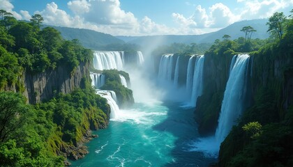 Fototapeta premium Waterfalls cascade down rocky cliffs surrounded by rich green forest. Turquoise river flows through the canyon under a bright blue sky. Natural landscape scenery offers a tranquil view.