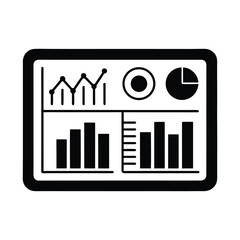 A simple black icon representing a business analytics dashboard, showcasing various charts and graphs for data visualization and performance reporting