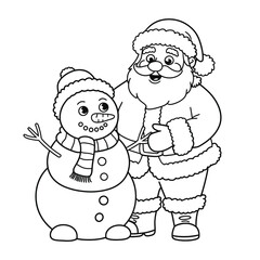 Charming black and white line art vector illustration of santa claus with a snowman scalable eps icon silhouette vector illustration white background