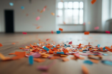 Obraz premium Confetti celebration on a wooden floor. Bright paper pieces scattered around, creating a fun and festive atmosphere. Celebrate with colorful confetti.