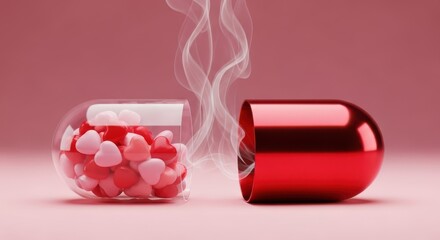 Open red pill capsule filled with red and pink heart shapes and wisps of smoke open pill red hearts