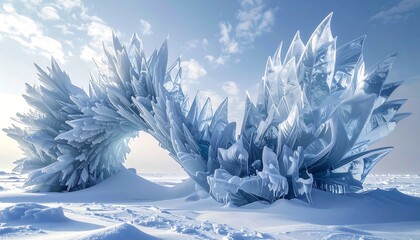 A surreal landscape. Ice formations, like a crystalline arch, rise from a snow-covered terrain under a bright, pale blue sky. Sunlight adds brilliance