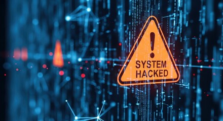 Orange warning triangle with text system hacked on digital network background warning sign