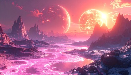 A surreal landscape featuring a pink river winding through mountains, with two glowing celestial bodies illuminating the sky