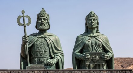 Obraz premium Bronze statue of a king and queen, wearing crowns and robes
