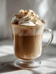 Warm frothy coffee drink topped with cream and cinnamon in a clear glass mug