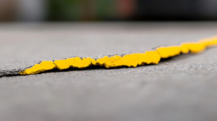 Cracked Yellow Line: A weathered yellow paint line, chipped and fractured, stretches across a gray asphalt surface, indicating age and wear on the pavement.