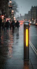 Obraz premium City street scene, wet cobblestones, illuminated bollard