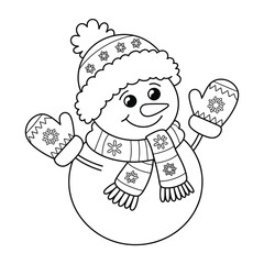 Charming black and white vector illustration of a happy snowman with scarf and mittens in eps format silhouette vector illustration white background