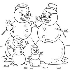 Charming vector line art illustration of a happy snowman family scalable eps graphic silhouette vector illustration white background