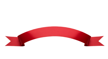 Ribbon banner, curve badge, label, title box, clip art, png isolated on transparent background. A red ribbon banner with curved shape and pointed ends, isolated on a white background.