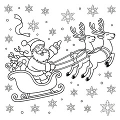 Scalable vector illustration of santa claus sleigh and reindeer with snowflakes eps for festive designs silhouette vector illustration white background