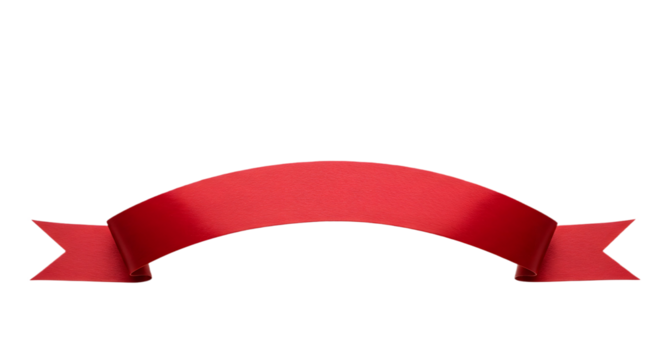 Ribbon banner, curve badge, label, title box, clip art, png isolated on transparent background. A red ribbon banner with curved shape and pointed ends, isolated on a white background.