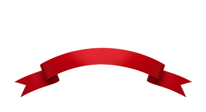 Ribbon banner, curve badge, label, title box, clip art, png isolated on transparent background. A vibrant, curved red ribbon isolated against a clean white background.