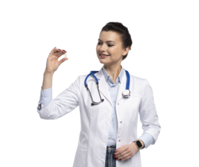 Photo of charming attractive woman qualified specialist therapist wear white doctor robe hand hold pills isolated on transparent background