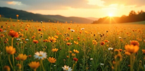 Golden Hour Wildflowers  Boundless Freedom in a Sunlit Meadow, symbolizing peace, liberty, and the open road.  Perfect for travel, nature, and freedom concepts.