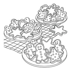 Scalable vector line art illustration of assorted holiday cookies on plates ready for eps export silhouette vector illustration white background