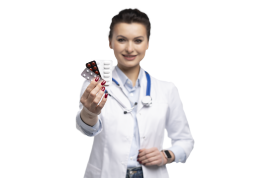 Photo of charming attractive woman qualified specialist therapist wear white doctor robe hand hold pills isolated on transparent background