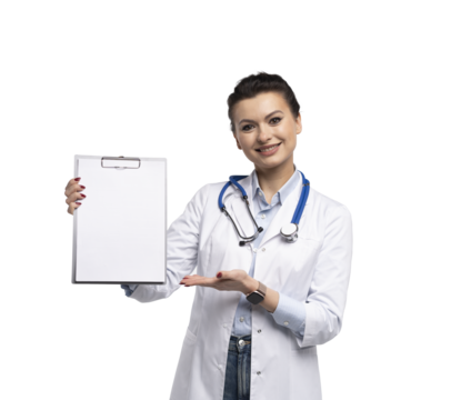 Portrait of friendly woman doctor in uniform holding clipboard, smiling at camera, cheerful female therapist with stethoscope posing on transparent background