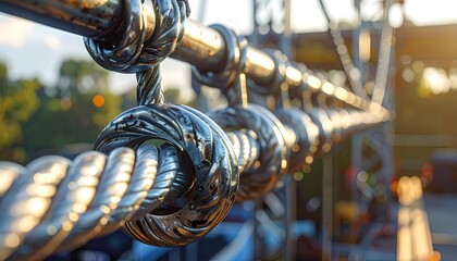 Close-up shot of shiny, industrial metal cables and connectors