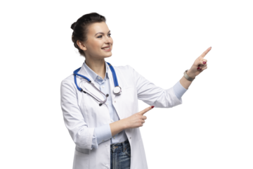 Medical doctor woman presenting and showing copy space for product or text. Caucasian female medical professional isolated on transparent background