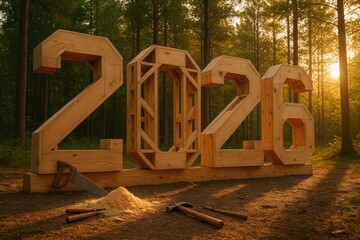 Large wooden 2026 numbers with tools on forest floor at sunrise