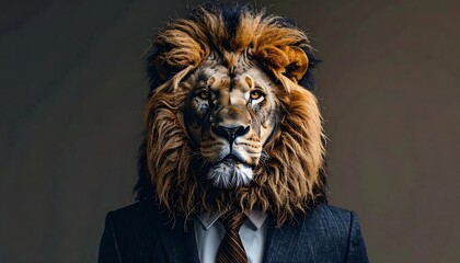 A surreal portrait featuring a lion's head atop a human body, attired in a smart suit, with a serious gaze
