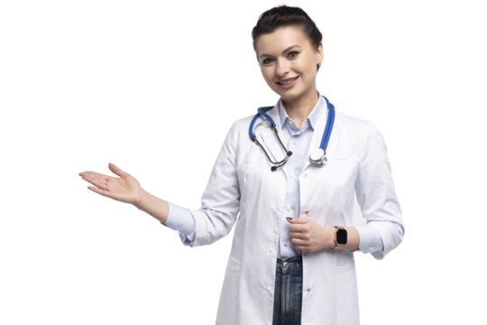 Medical doctor woman presenting and showing copy space for product or text. Caucasian female medical professional isolated on transparent background