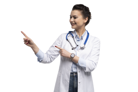Medical doctor woman presenting and showing copy space for product or text. Caucasian female medical professional isolated on transparent background