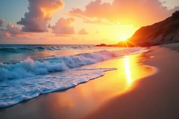 Serene Sunrise Beach Scene Golden Light Illuminates Tranquil Ocean Waves and Sandy Shore, Perfect for Travel, Vacation, and Nature Themes