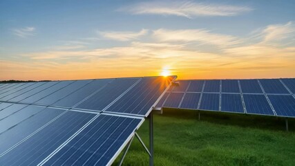 Rows of solar panels stretch across a grassy field, harnessing the suns energy at sunset, creating a renewable energy landscape - Powered by Adobe