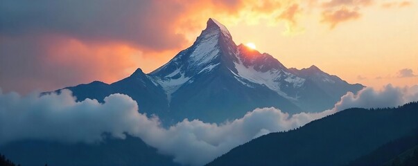 Majestic Mountain Peak Shrouded in Smoke Dramatic Panorama of Ethereal Light and Shadow