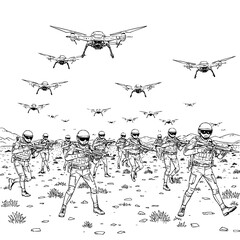 Minimilist illustration depicting a squad of soldiers advancing under the watchful eyes of multiple drones in the sky vector