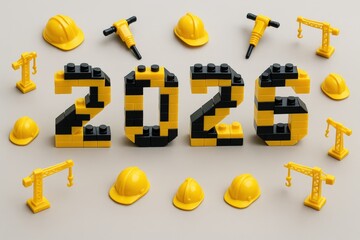 Toy bricks form 2026 with construction gear on plain background concept