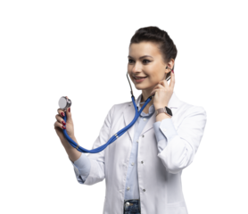 Portrait of pretty positive lady doctor using stethoscope isolated on transparent background