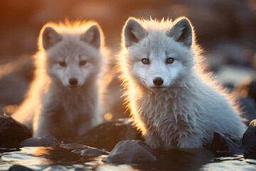 Obraz premium Two arctic foxes standing together in a golden landscape during sunset, showcasing their beautiful fur and curious expressions