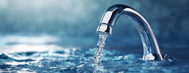 The Faucet Pouring Clear Water Over Reflective Surface Creating Ripples and Freshness