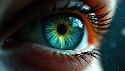 Close up human eye shows vibrant green blue iris with glowing golden light rays. Long dark eyelashes frame eye. Pupil deep black. Looks like cosmic galaxy magical universe within. Vision, insight,