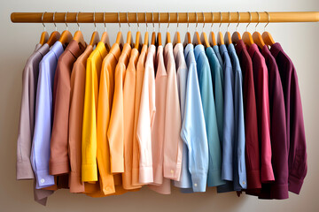 Colorful collection of t-shirts displayed on a wooden hanger in a bright indoor setting