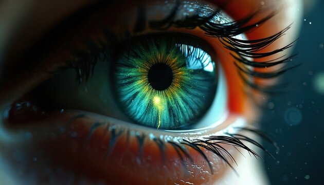 Close up human eye shows vibrant green blue iris with glowing golden light rays. Long dark eyelashes frame eye. Pupil deep black. Looks like cosmic galaxy magical universe within. Vision, insight,
