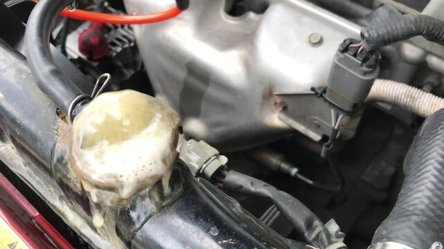 Boiling car radiator with foam and water overflowing, showing engine overheating problem, concept of vehicle maintenance and roadside emergency