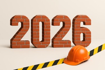 Brick styled 2026 numbers with helmet on beige background, construction concept