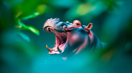 Dramatic shot of majestic hippopotamus with powerful jaws wide open, partially submerged in vibrant blue-green water, framed by rich, out-of-focus tropical greenery