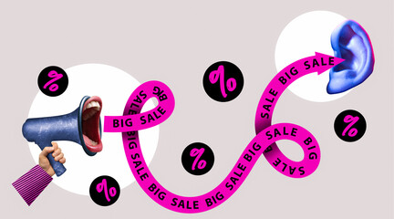 Art collage hand with megaphone, ear, stickers with discount percentages and bright pink ribbon with a big sale announcement. Banner for Black Friday and promotions