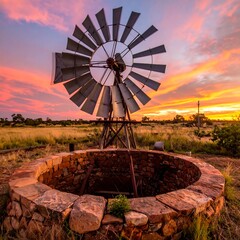 Vintage windmill at sunset over a stone well