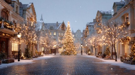 Obraz premium Winter Wonderland Street Scene: A charming street scene transformed into a winter wonderland, a central Christmas tree radiating warmth and joy amidst snow-covered buildings and festive lights.
