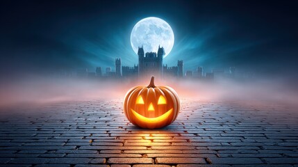 A vibrant Halloween pumpkin, illuminated by an inner glow, takes center stage in a mysterious, moonlit cityscape. Fog swirls, adding an eerie layer, while a grand castle looms.