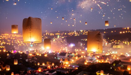 Durban Diwali Celebration, nighttime scene with lanterns soaring through the sky, city glowing with candles and fireworks, an ocean of lights illuminating the night